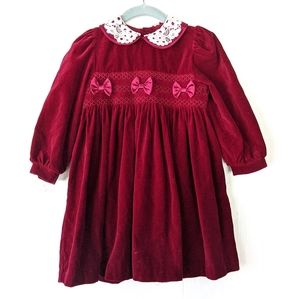 VINTAGE girls smocked bow Burgandy velvet dress